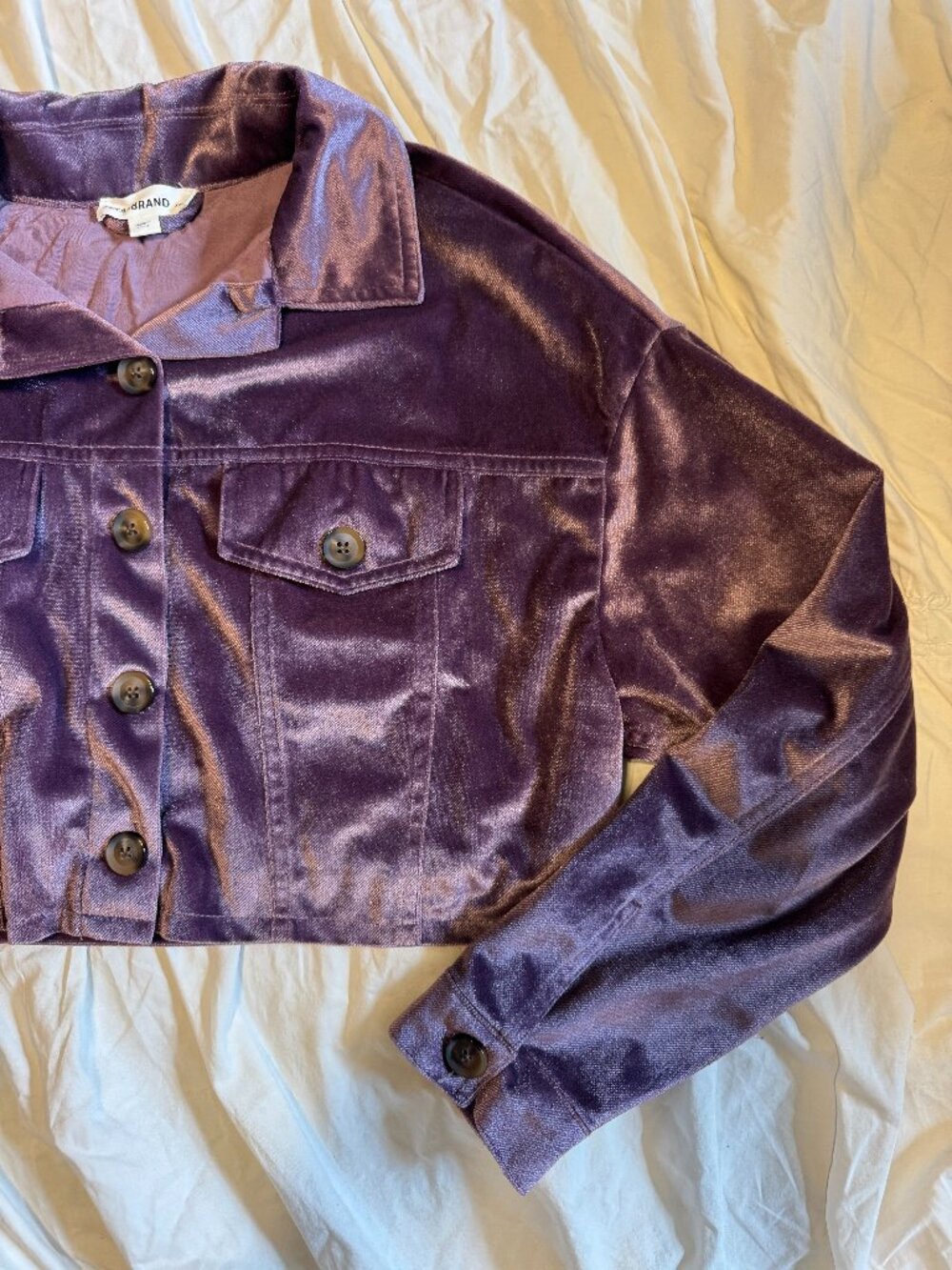 Purple Metallic Velvet/Velour-Style Fabric Cropped Denim Jacket